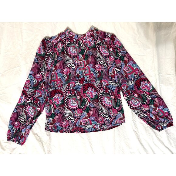 NWT New Loft Floral Emerald Essence Blouse Blouson Sleeves Crew Button Neck M - Picture 2 of 10